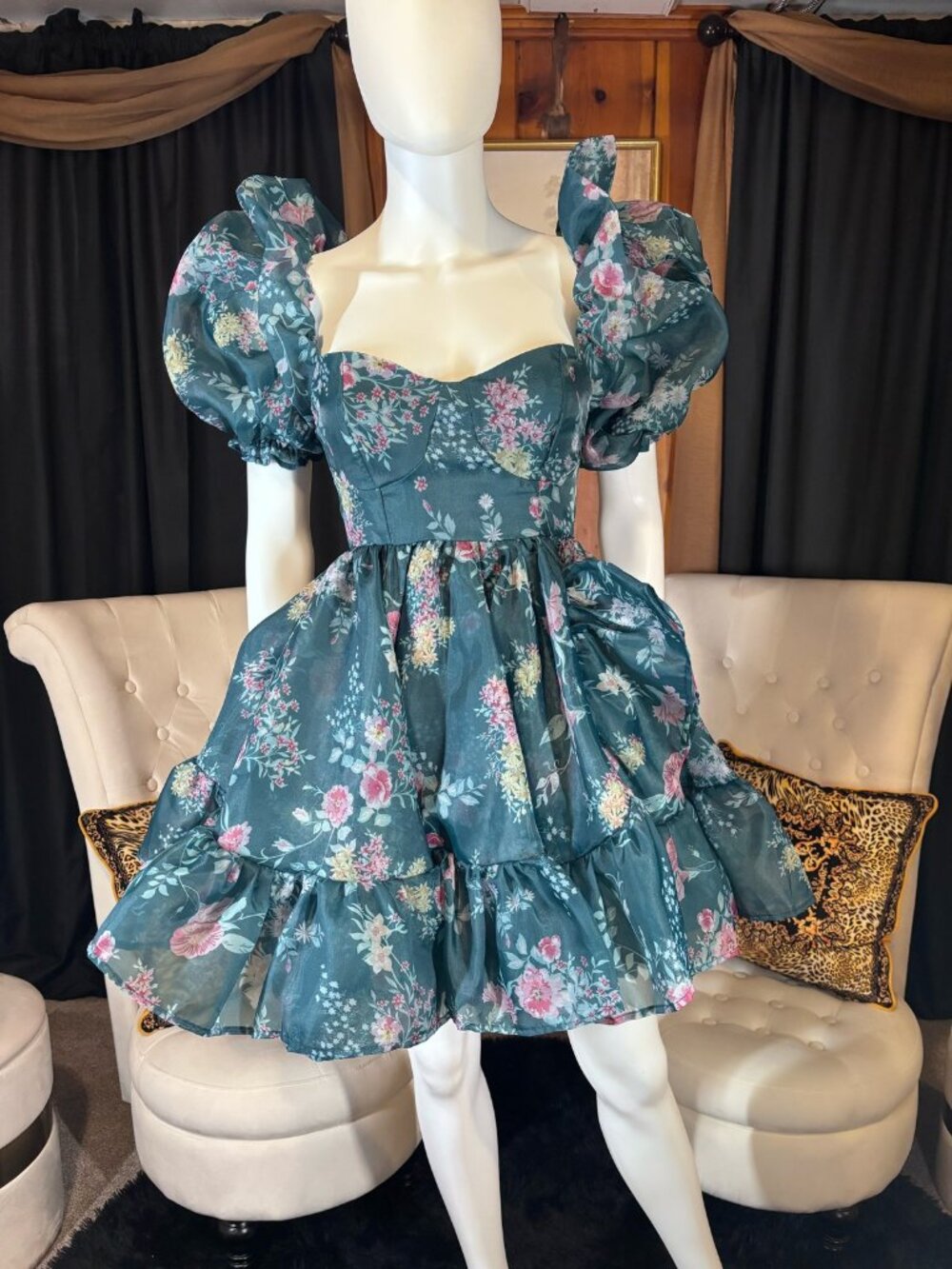 NWOT Teal Floral Organza Puff Sleeve Mini Dress